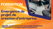 Visuel de formation KLG Caraibes intitulé "&émergence de projet de création d'entreprise". On y voit un groupe d'adultes en réunion, échangeant autour de documents et d'ordinateurs. Le design utilise des tons, orange et bleu, avec le lieu, la durée et les contacts de KLG Caraibes affichés. Cette image illustre une formation dédiée aux porteurs de projet souhaitant apprendre à créer et structurer leur future entreprise.