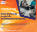 Visuel de formation KLG Caraibes intitulé "&émergence de projet de création d'entreprise". On y voit un groupe d'adultes en réunion, échangeant autour de documents et d'ordinateurs. Le design utilise des tons, orange et bleu, avec le lieu, la durée et les contacts de KLG Caraibes affichés. Cette image illustre une formation dédiée aux porteurs de projet souhaitant apprendre à créer et structurer leur future entreprise.